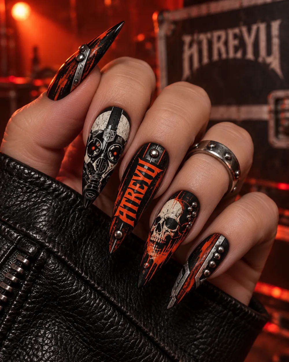 Orange black and silver metalcore inspired press-on nail concept