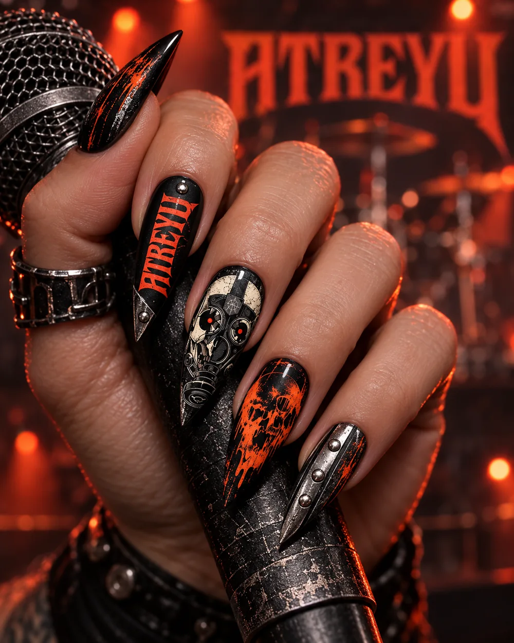 Metalcore inspired custom press-on nails photographed with a microphone