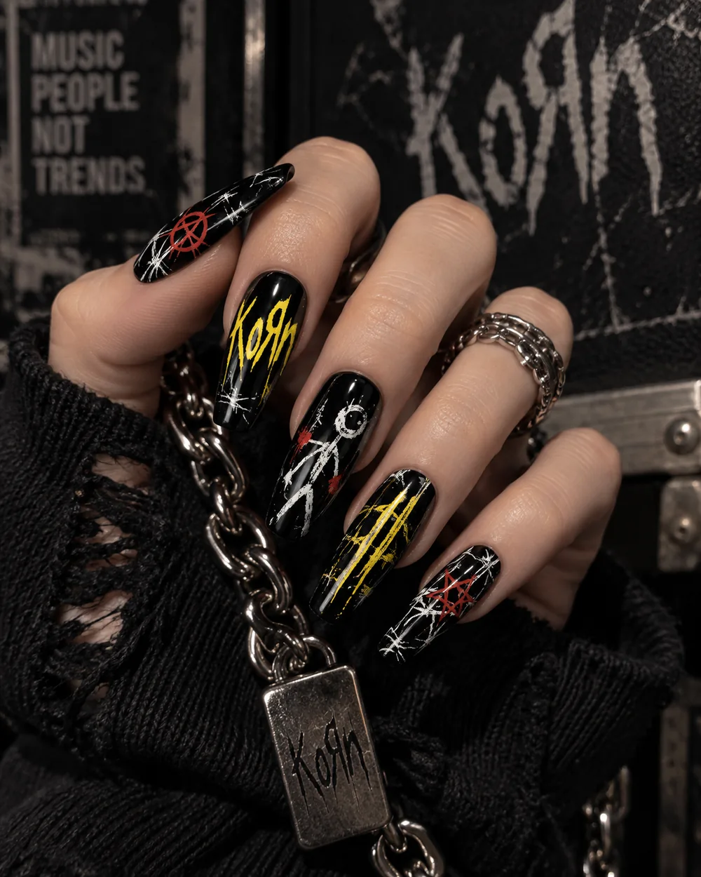 Black and yellow nu-metal inspired custom press-on nail concept