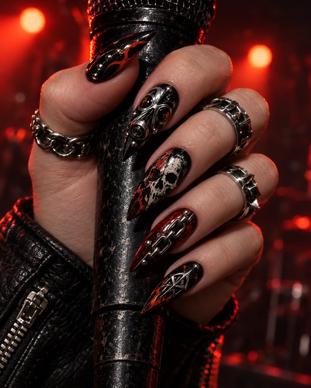 Black and red alternative press-on nails with silver hardware