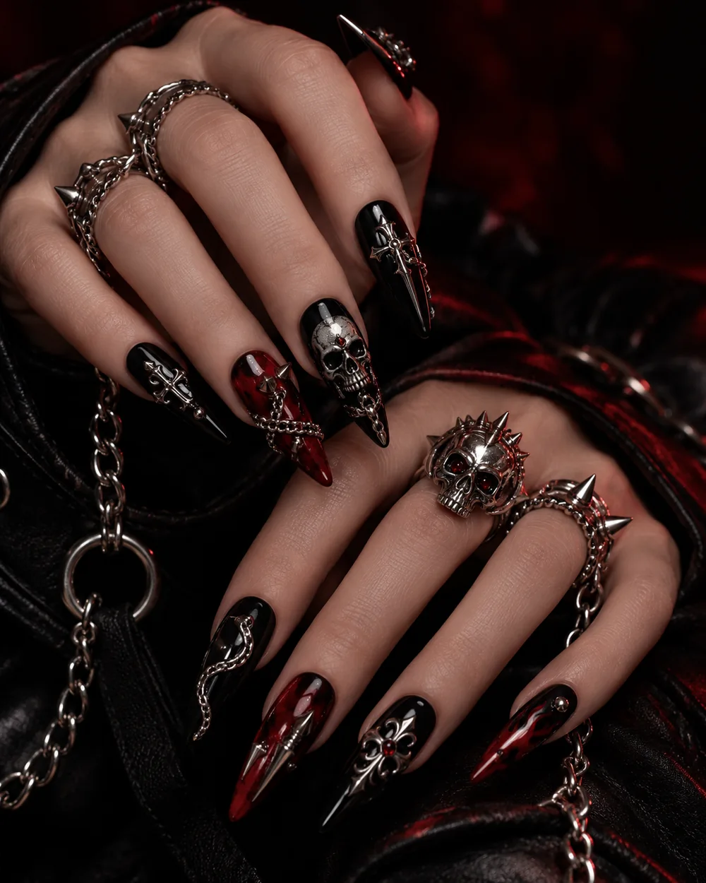 Dark metal press-on nail concept with chrome details